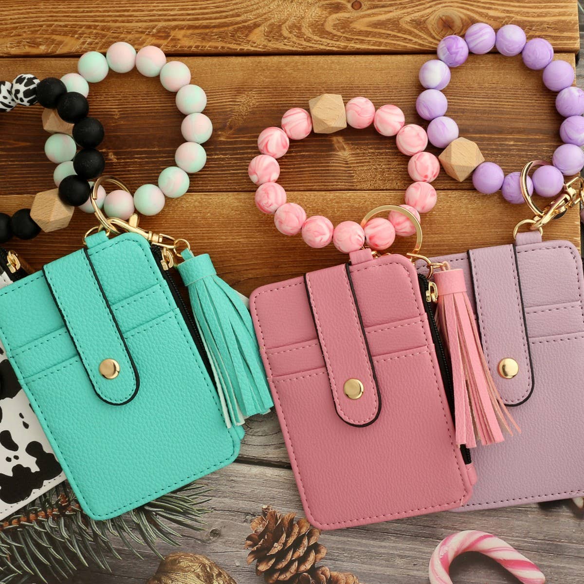SILICONE BRACELET LEATHER WALLET TASSEL KEYCHAIN