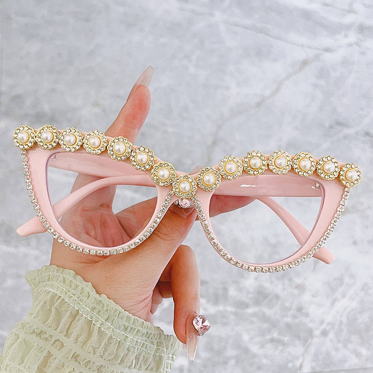 HANDMADE RHINESTONE PEARL RETRO CAT-EYE SUNGLASSES