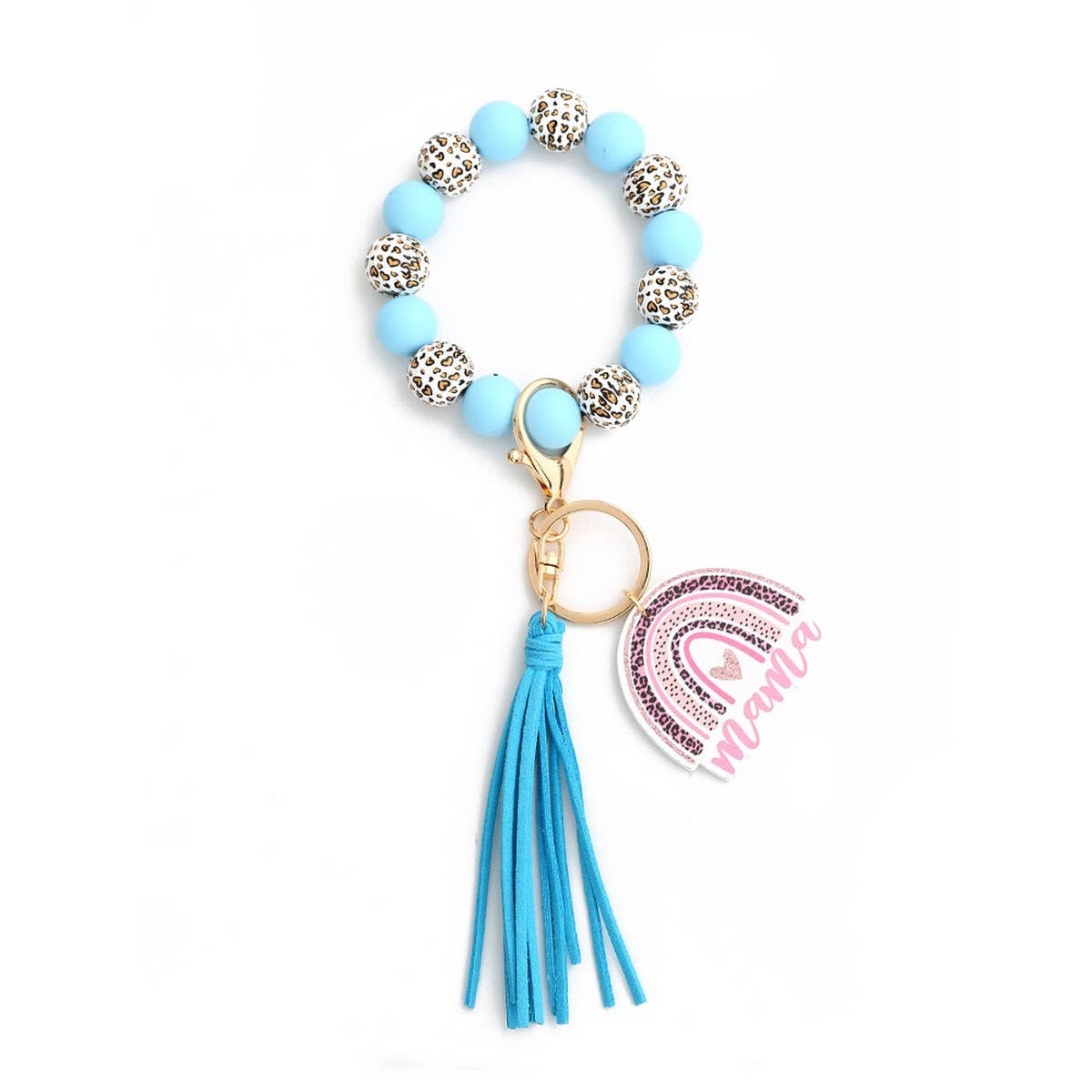 Leopard Wood Bead Bracelet Heart Keychain_CWAB5075