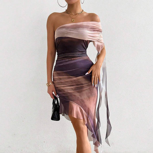 Women¡¯s ruched strapless split mesh ruffle dress