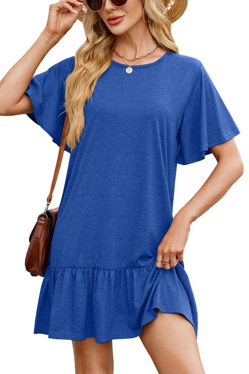 CWDSD8727_SOLID RUCHED SHORT SLEEVE CASUAL CREWNECK DRESS