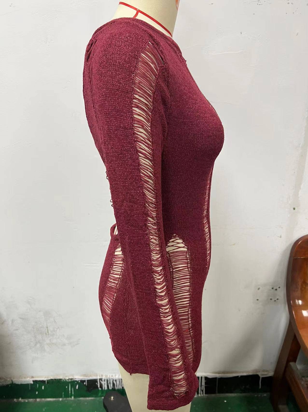 LONG SLEEVE HOLLOWED-OUT HIP WOOL DRESS