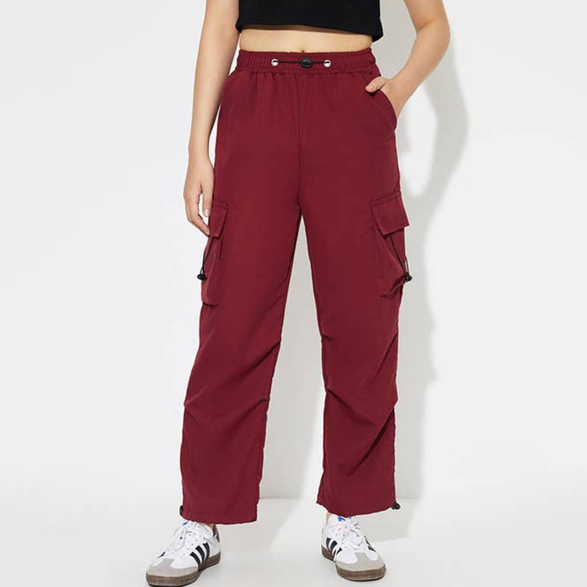 ELASTIC HIGH-WAISTED SOLID COLOR WIDE-LEG PANTS