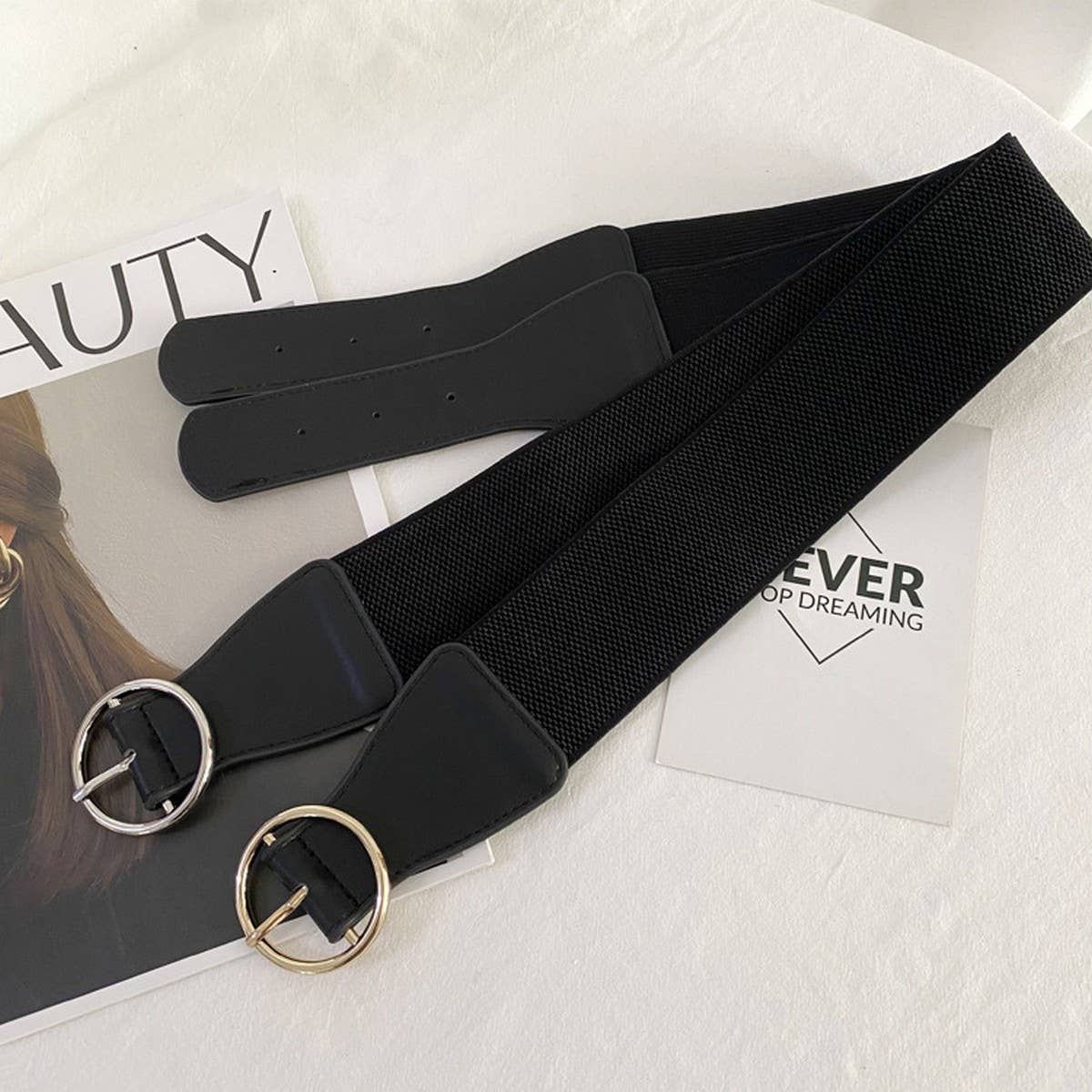 BLACK OUTER ELASTIC ROUND BUCKLE WAIST SEAL_CWABE0651