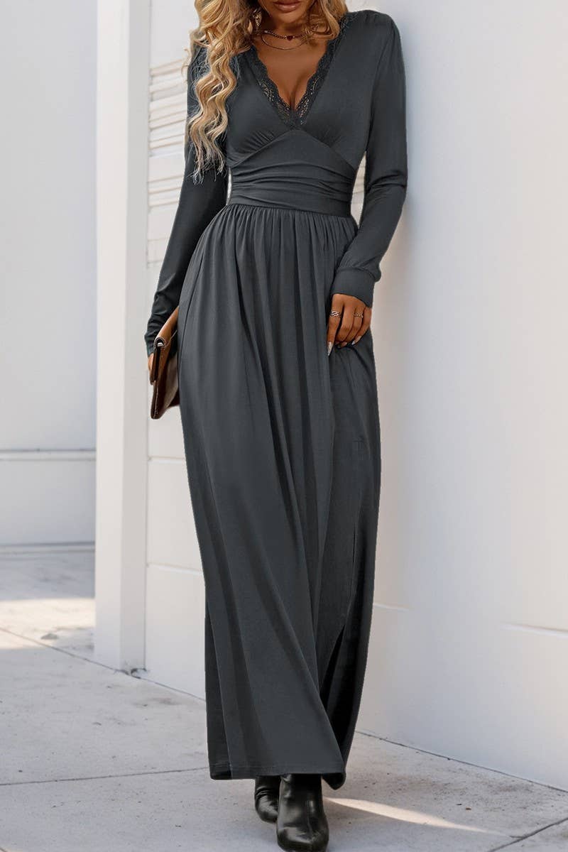 CWDMD3564_V-NECK SOLID COLOR SLIT SLIM MAXI DRESS