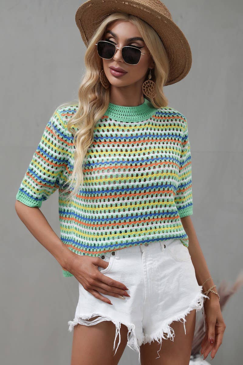 Cwtts0736_Crochet Short Sleeve Pullover Sweater