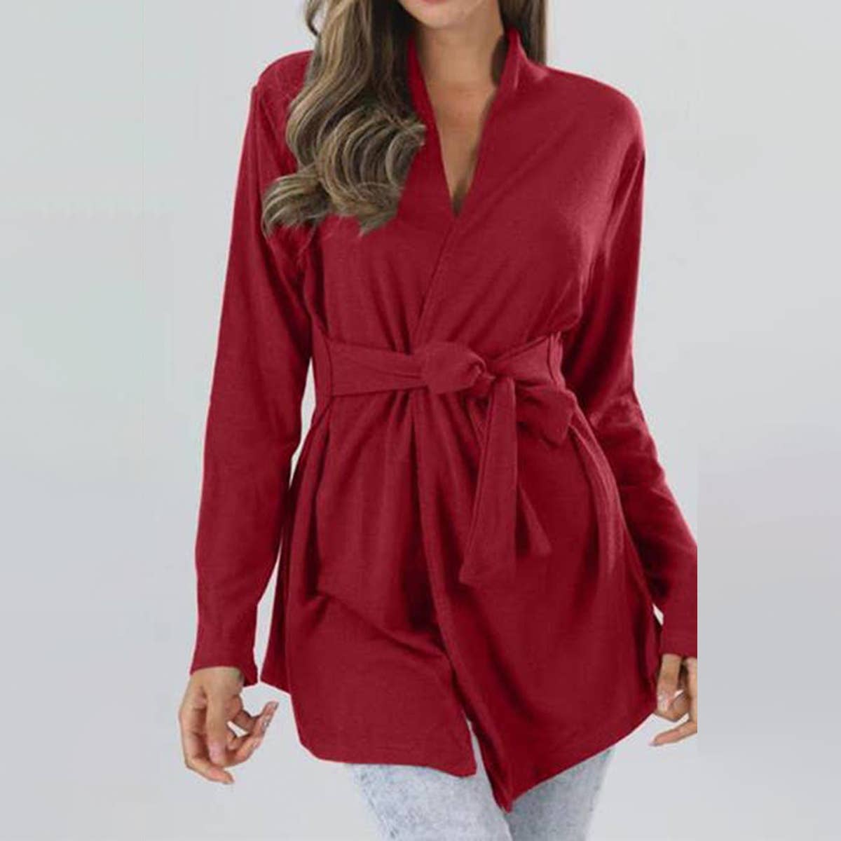 Solid knit cardigan with long sleeve strap