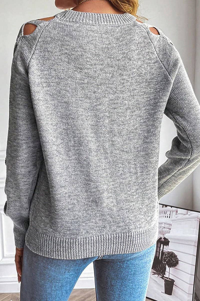 CWOSWL07365_HOLLOW STRIP PATCH LONG SLEEVE KNIT CREWNECK TOP