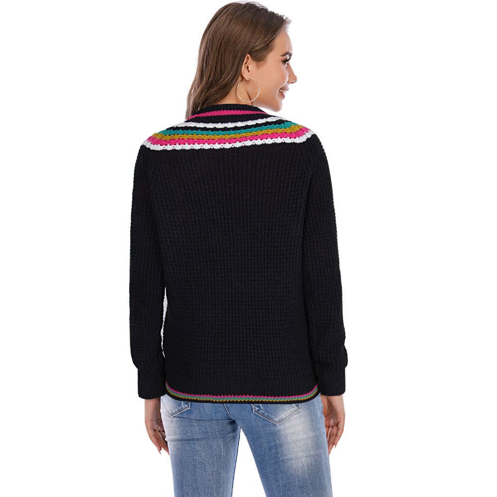 STRIPED CONTRAST COLOR CREW NECK PULLOVER SWEATER