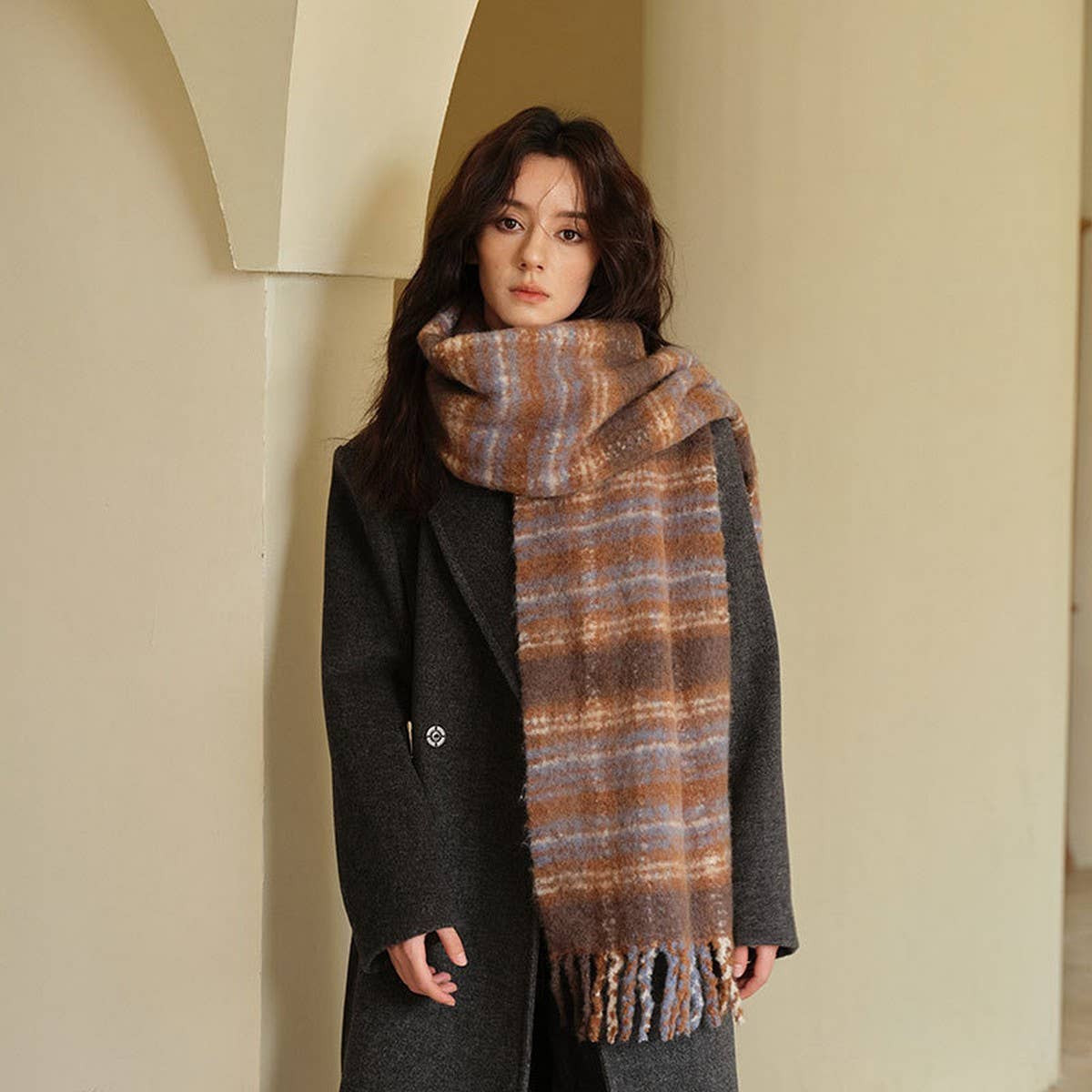 High-Quality Wool Blend Plaid Scarf for Women