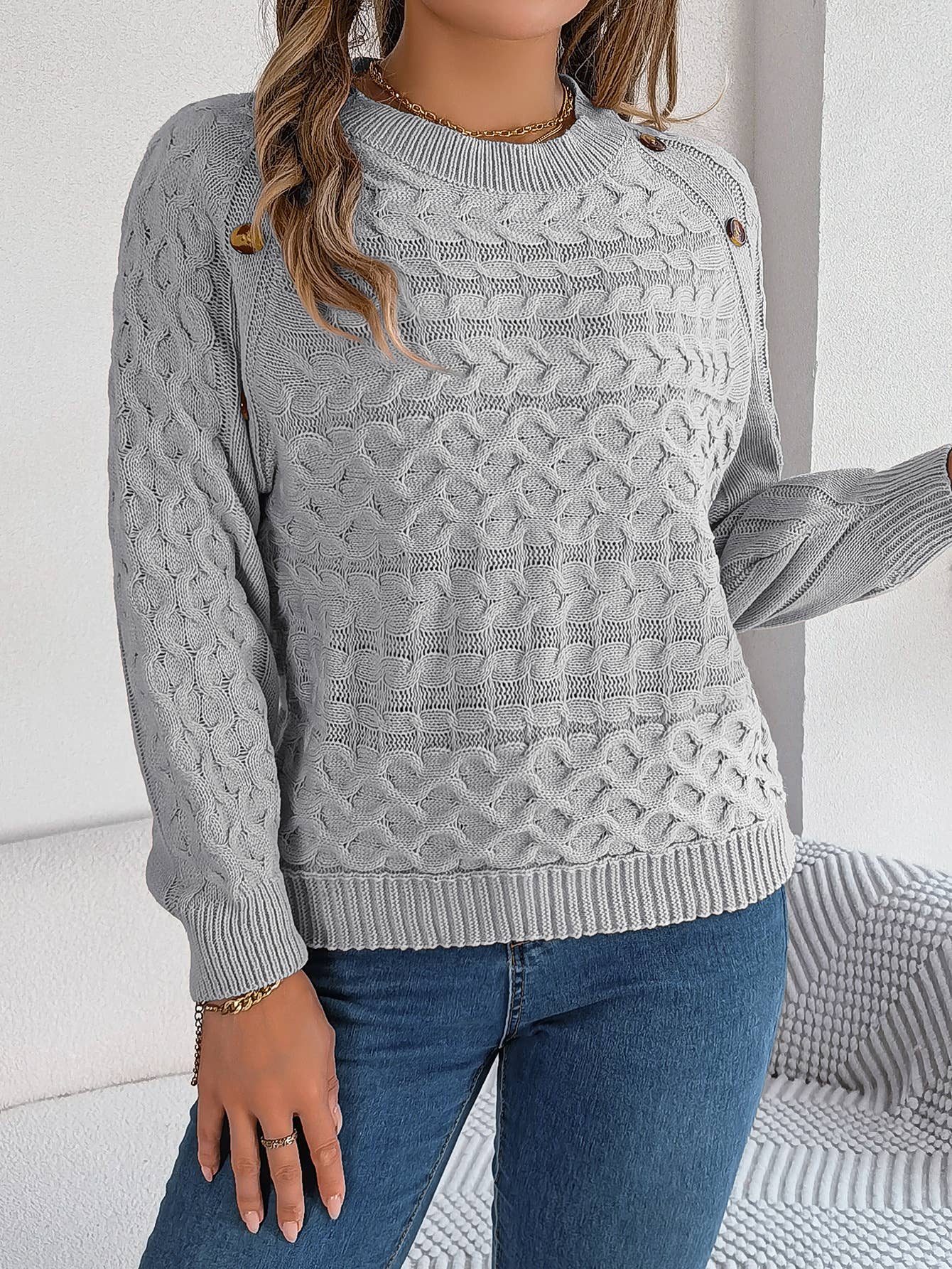 TWIST BUTTON LANTERN SLEEVE PULLOVER SWEATER