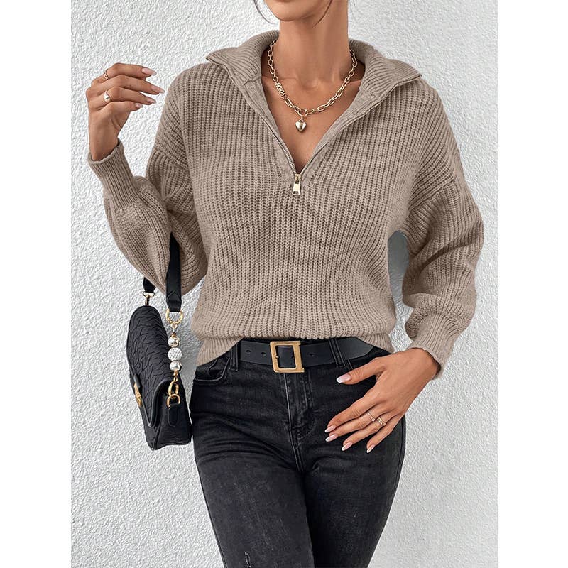 SOLID COLOR LOOSE CASUAL POLO NECK ZIP-UP SWEATER