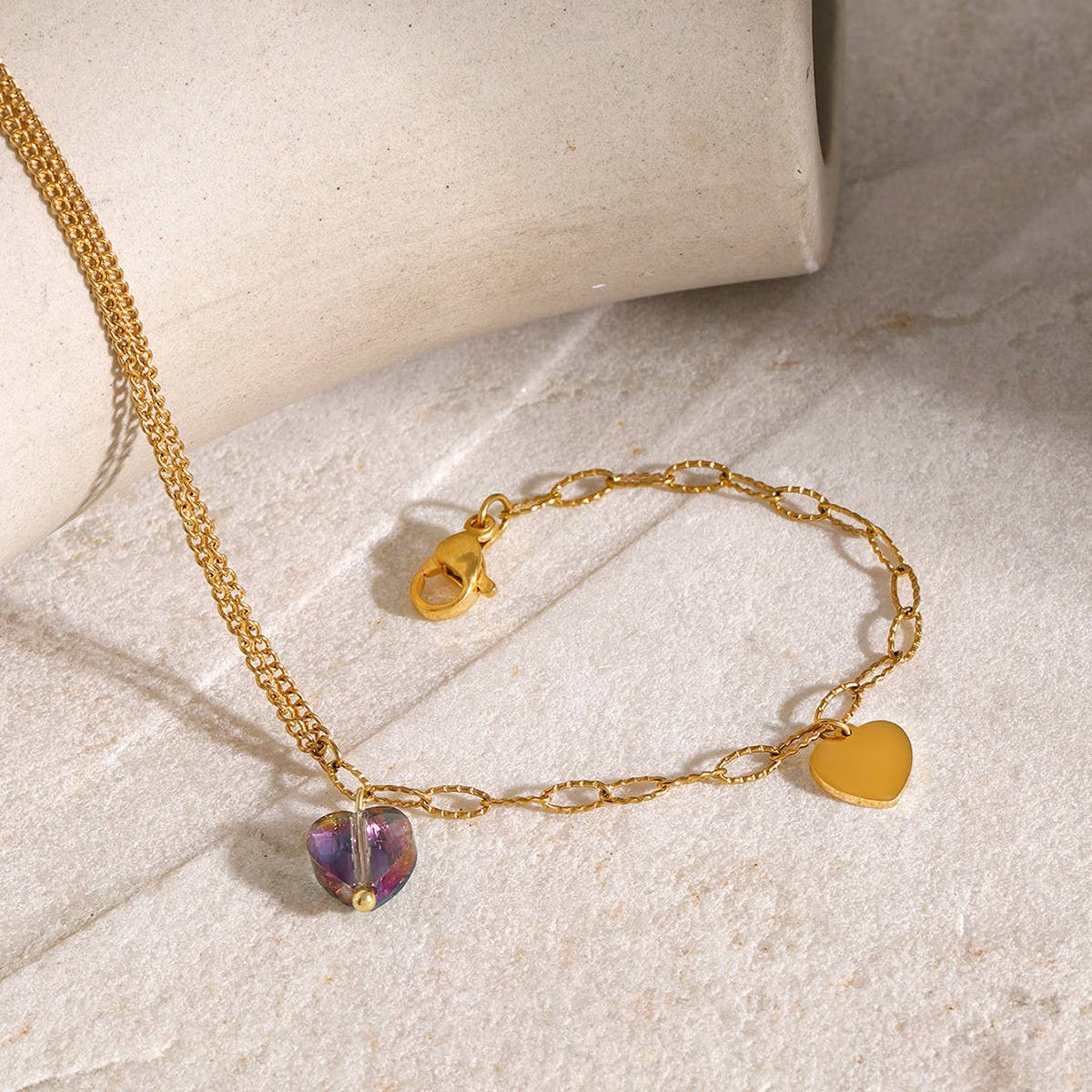 Elegant Purple Heart Anklet, Double Chain 18K Gold