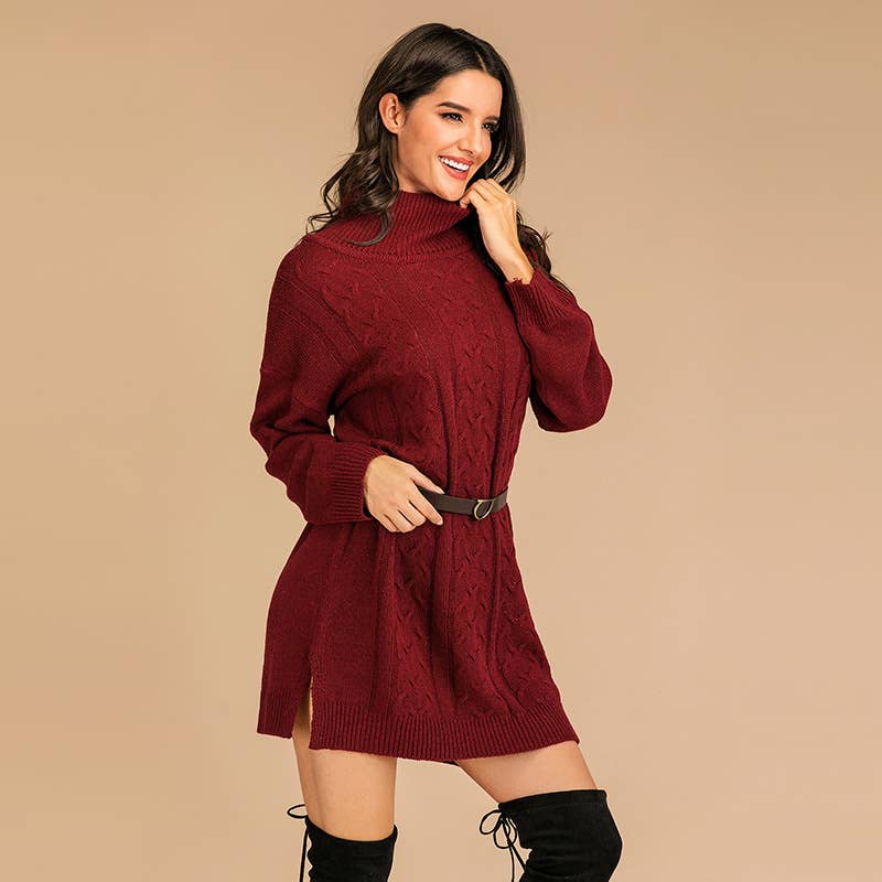 LONG-SLEEVED TWIST TURTLENECK SWEATER DRESS