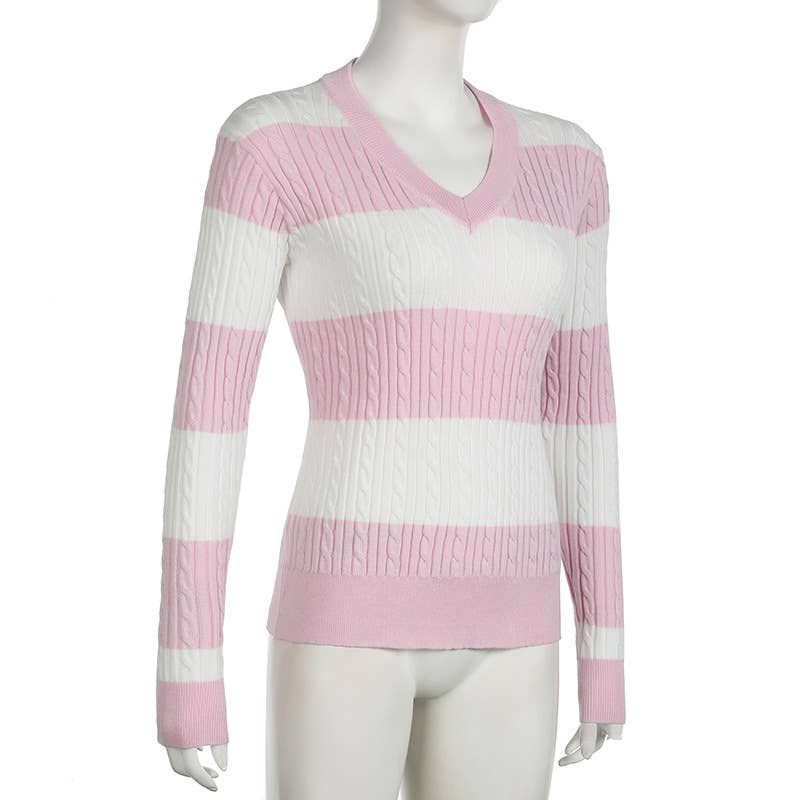 V-NECK SLOUCHY TWIST FEATURE STRIPED SWEATER