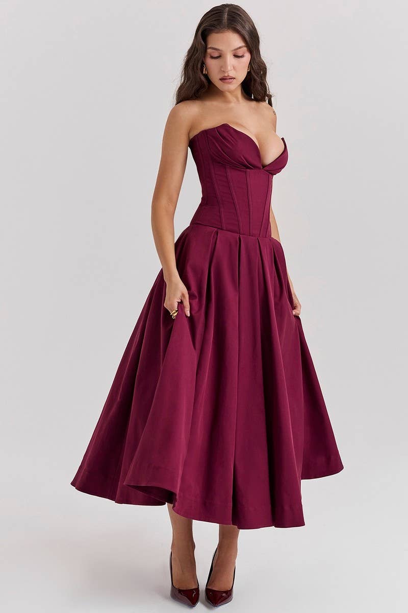 CWDTD0466_SLEEVELESS SOLID COLOR STRAPLESS MIDI DRESS
