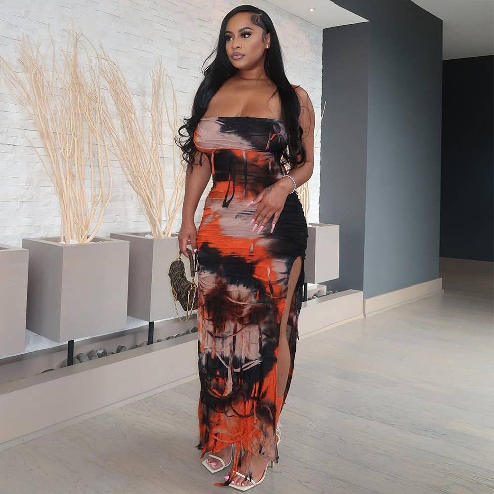 SEXY TIE-DYE FRINGE BEGGAR DRESS WITH SLIT