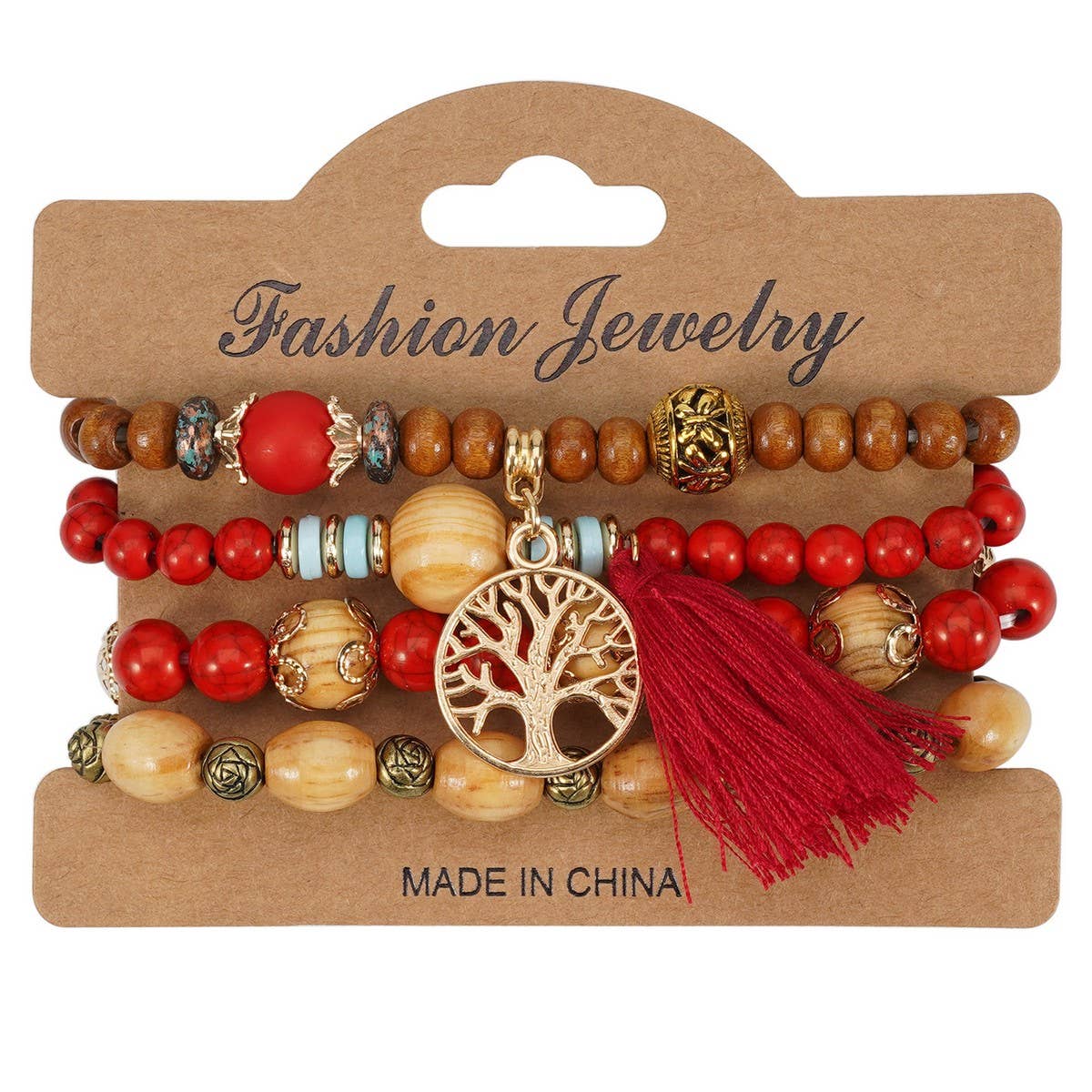 CWMM10462_WOOD BEAD ROSE ALLOY HANDMADE BRACELET SET