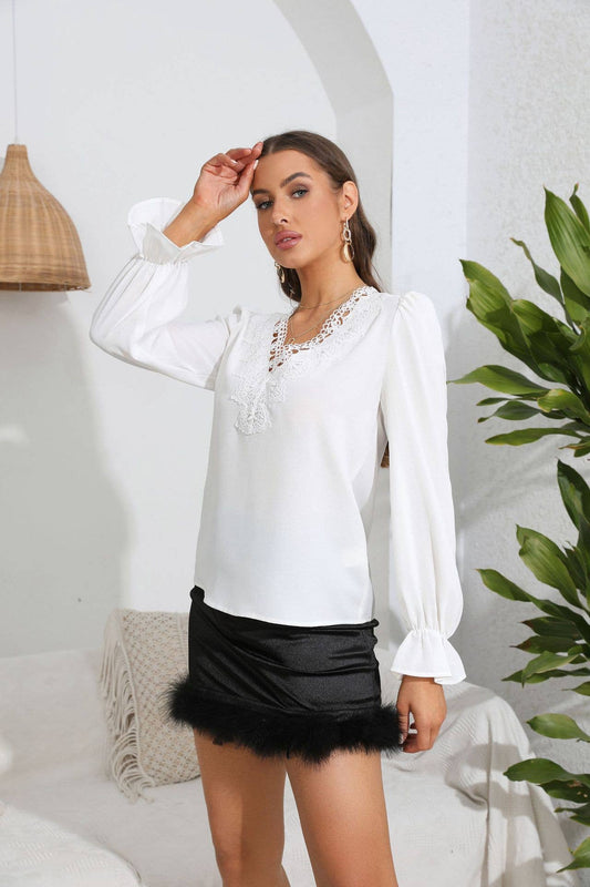 Temperament Lace patchwork V leader ruffled shirt