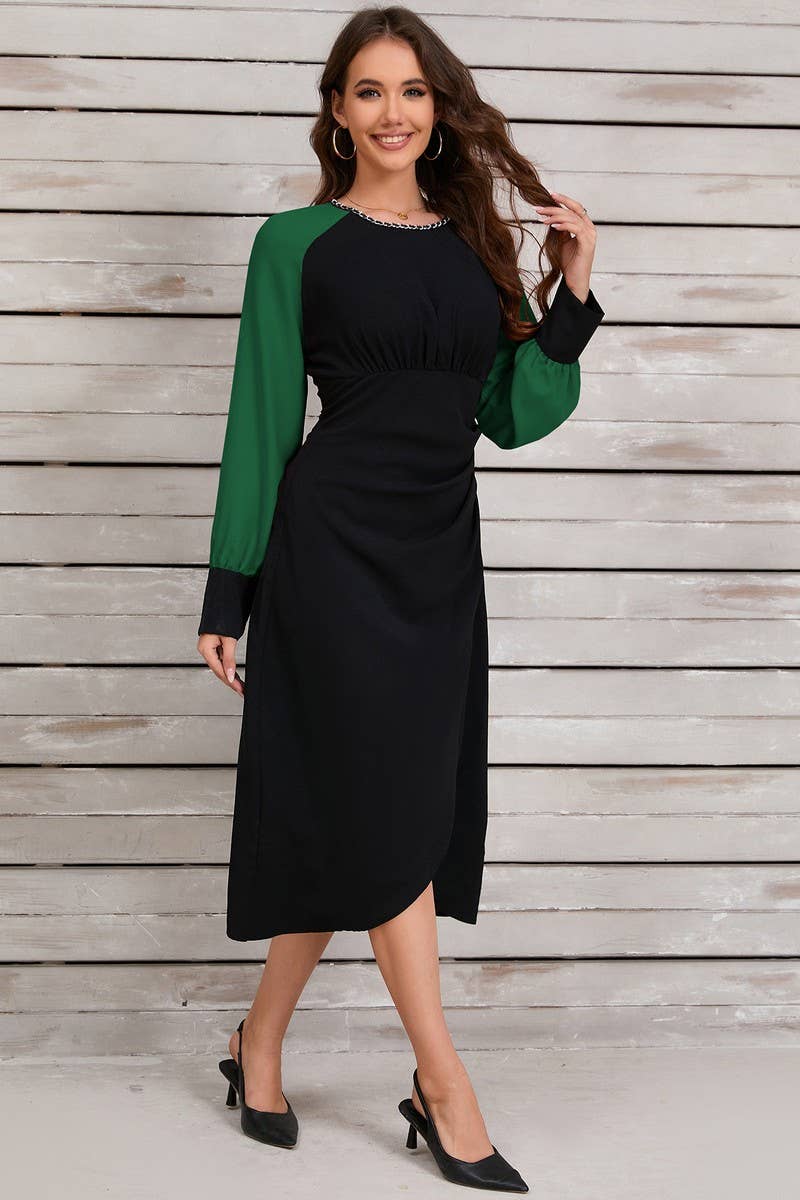 CWDSD6459_CONTRAST COLOR IRREGULAR METAL NECKLACE DRESS