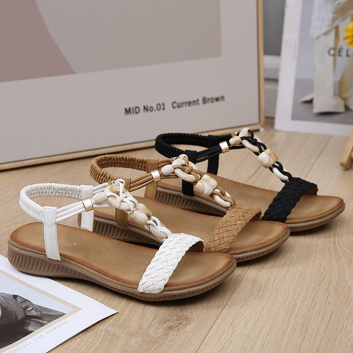 VINTAGE BUCKLE WOVEN FASHION BEADED BEACH SANDALS