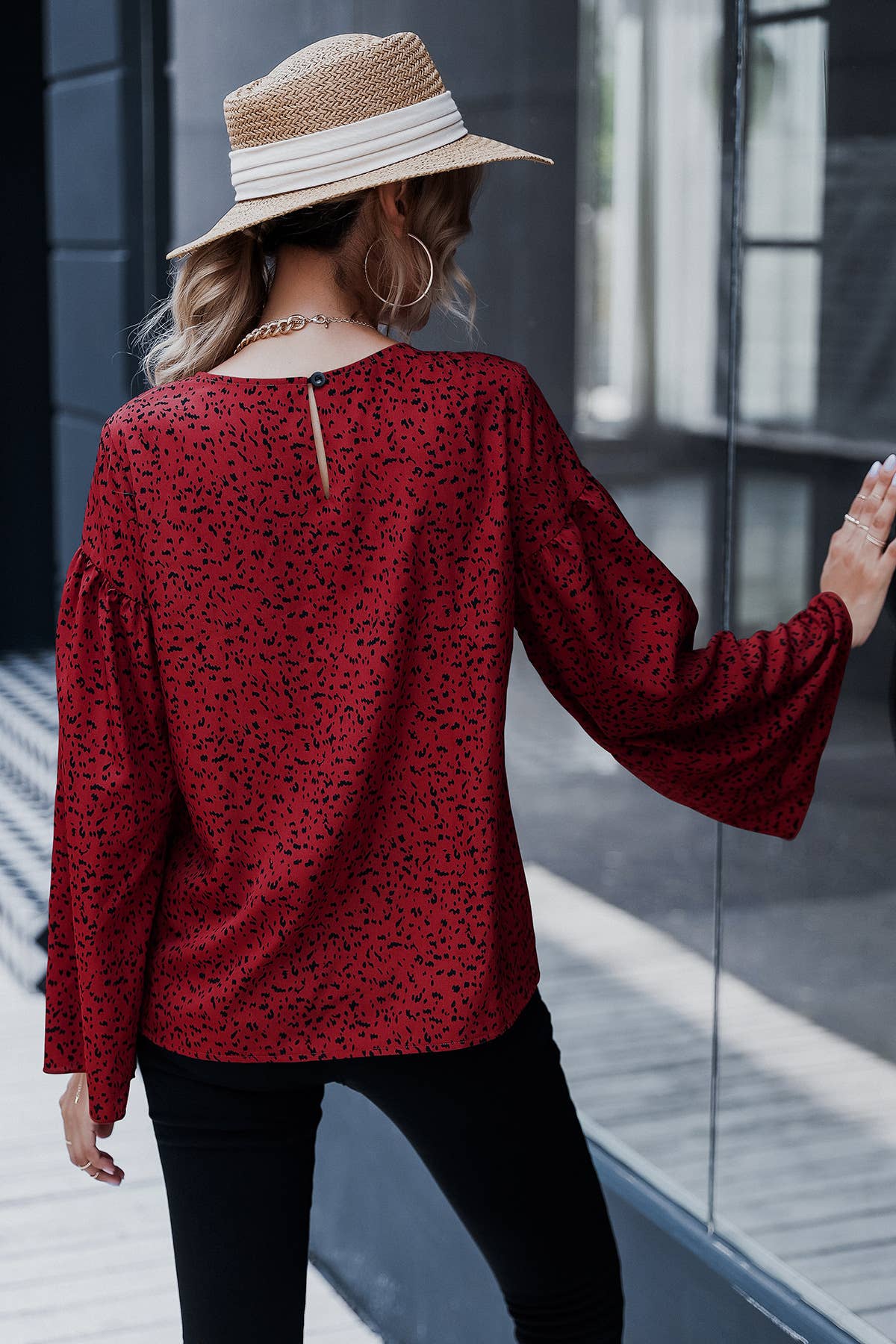 TEMPERAMENT CASUAL PRINTED TRUMPET SLEEVE TOP