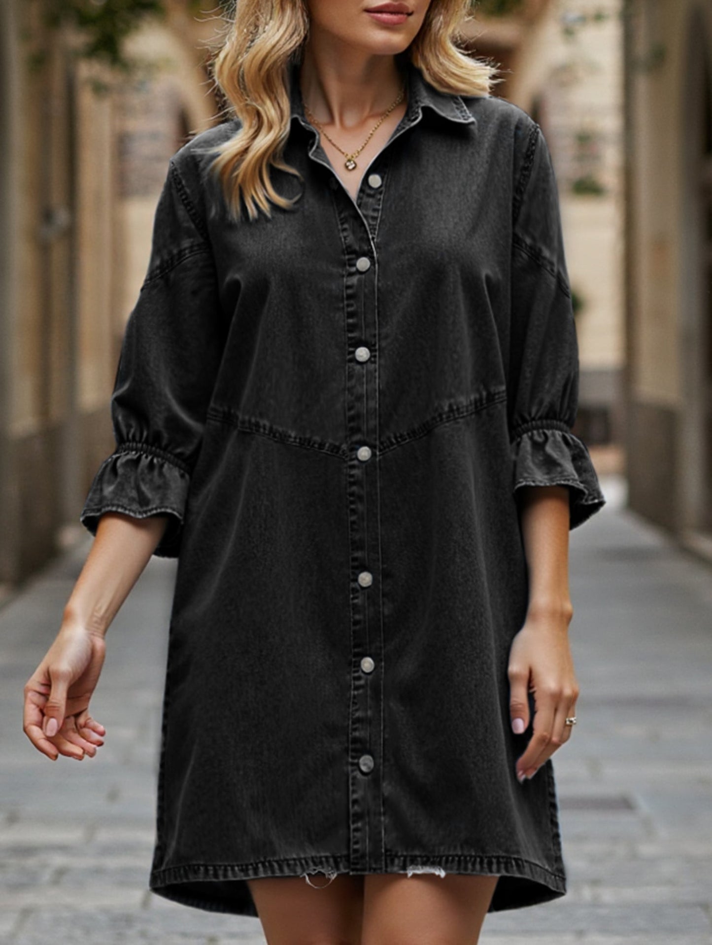 Single-row multi-button denim dress