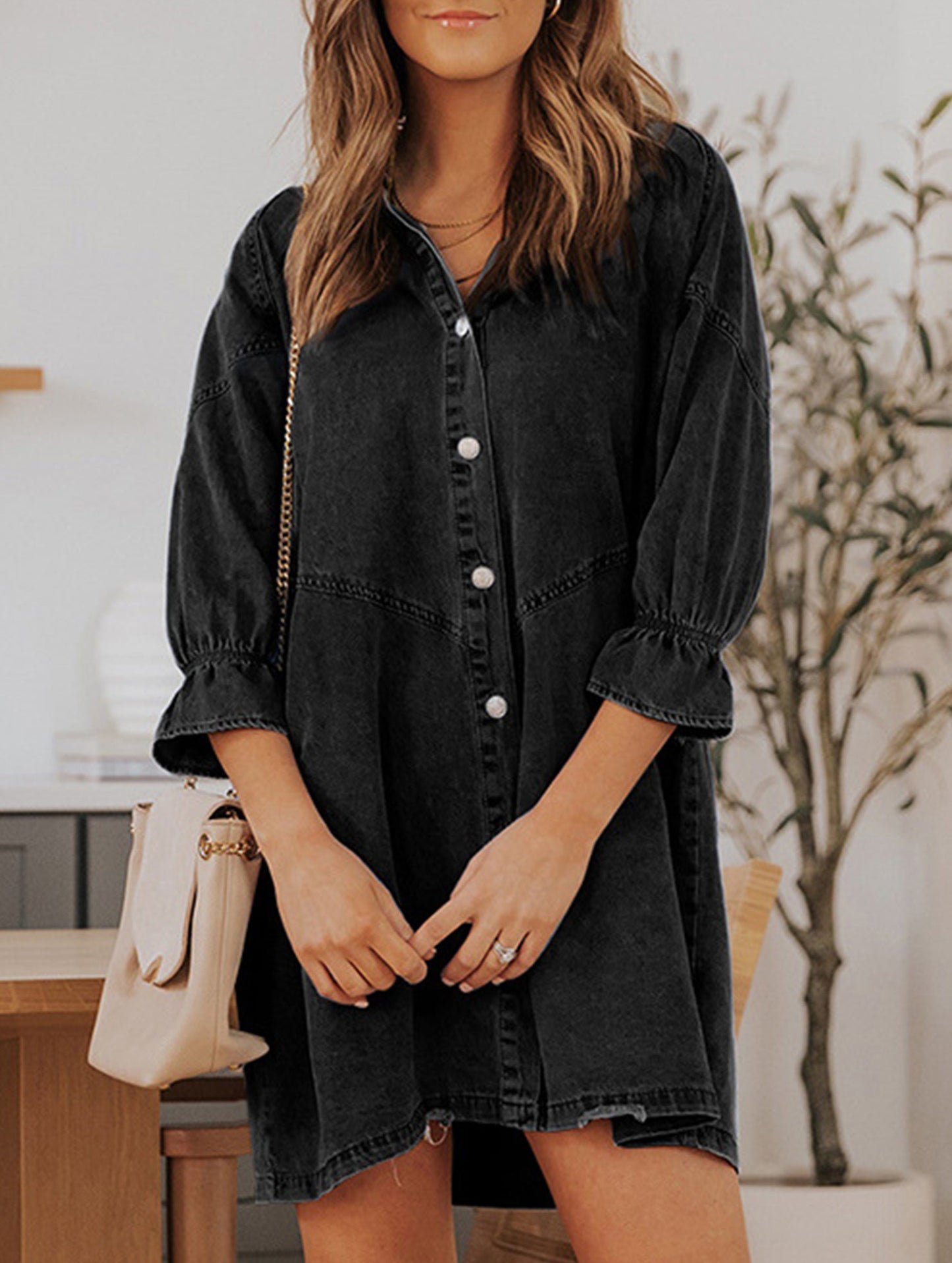 Single-row multi-button denim dress