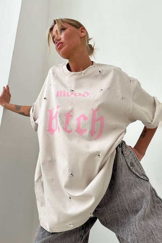 Cwtts1275_Distressed Letter Print Short-Sleeved T-Shirt