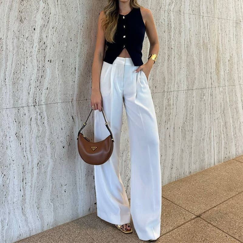 Versatile solid-colored loose wide-leg trousers