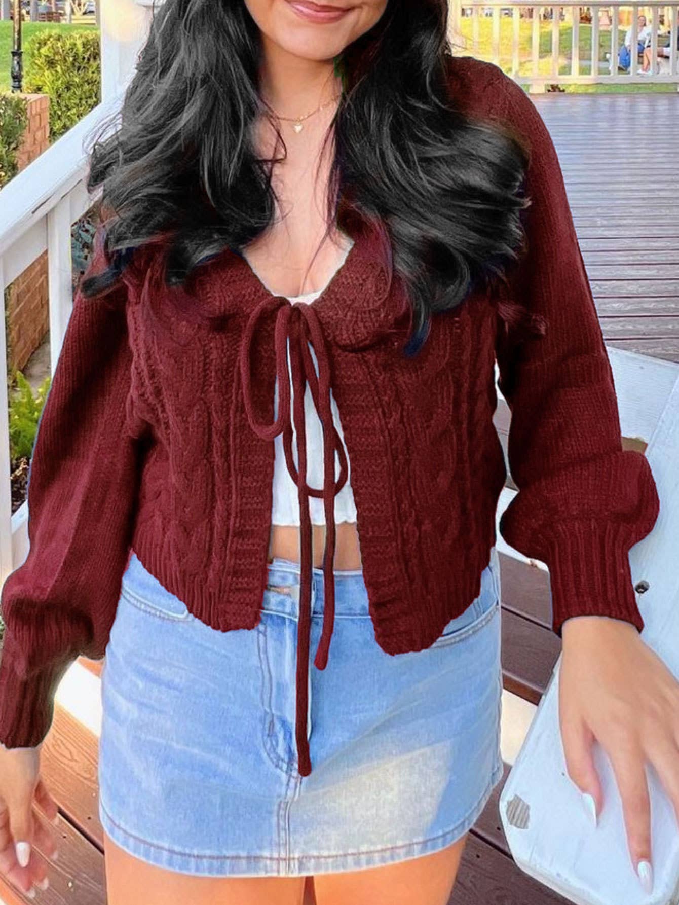 Solid-color V-neck braided lace-up cardigan