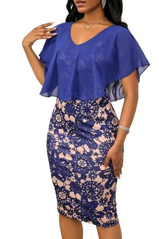 CWDSD3714_PLUS SIZE V NECK PRINTED SHORT DRESS