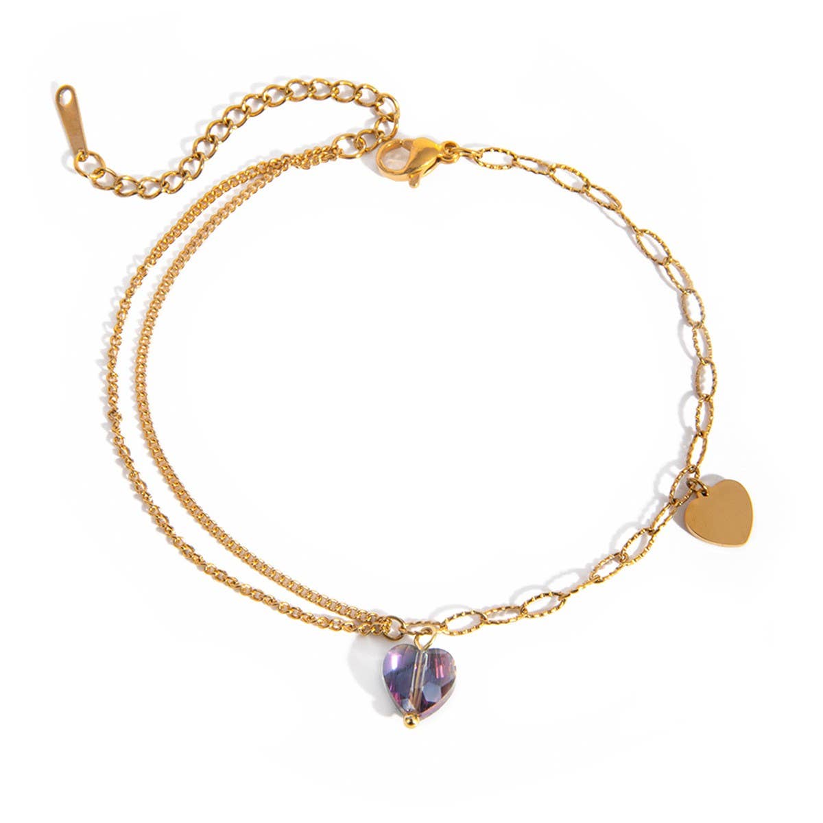 Elegant Purple Heart Anklet, Double Chain 18K Gold