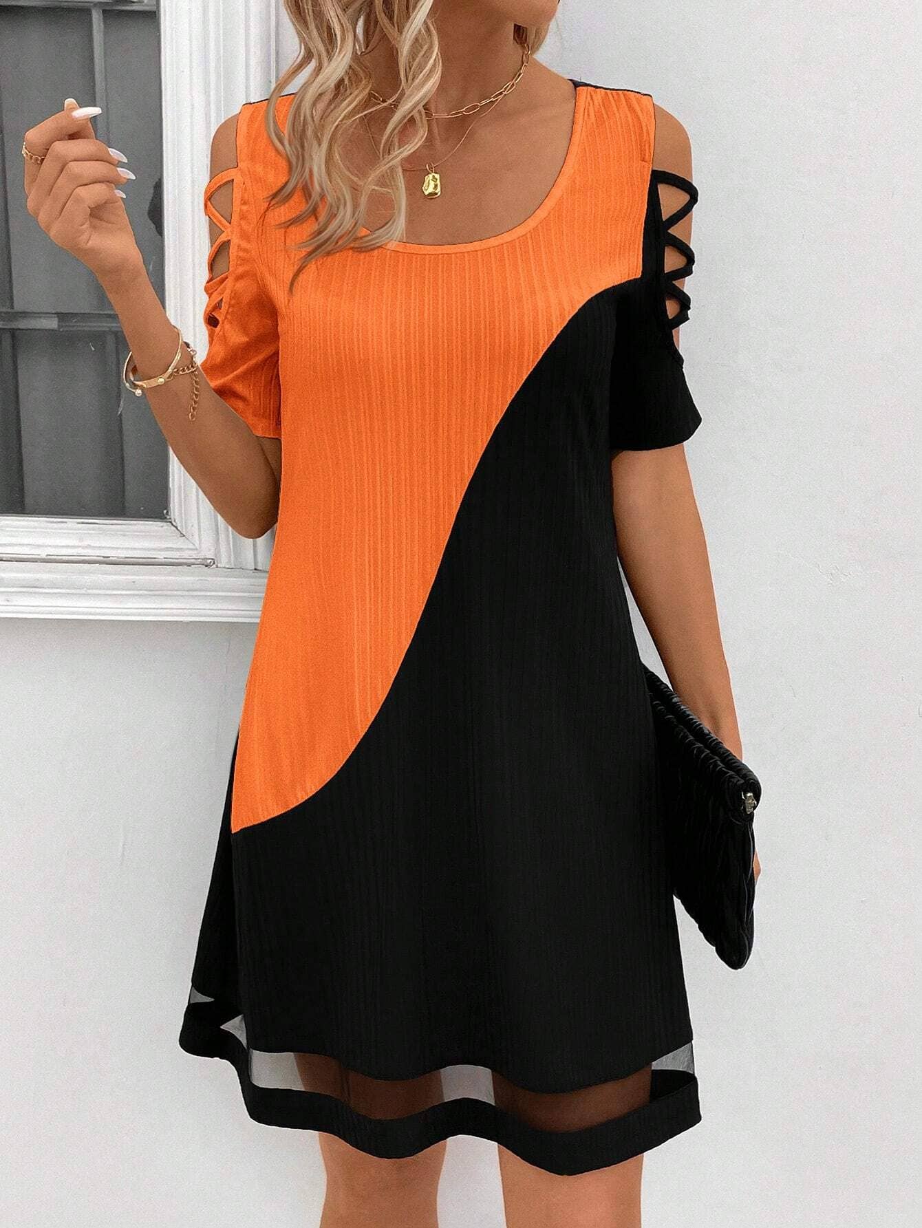 Women¡¯s colorblock lace mesh midi dress