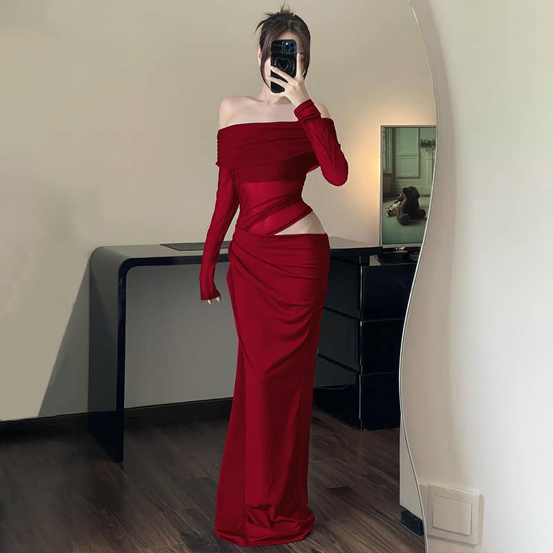 A one-shoulder mesh tulle patchwork cutout dress