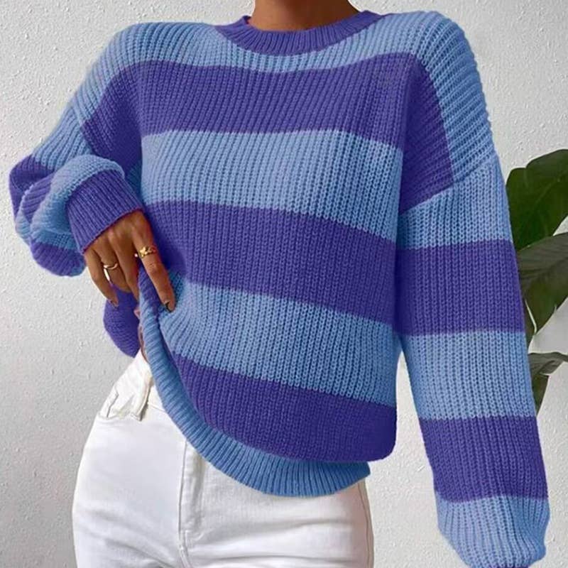 STRIPED SWEATER PULLOVER CREW-NECK SWEATER