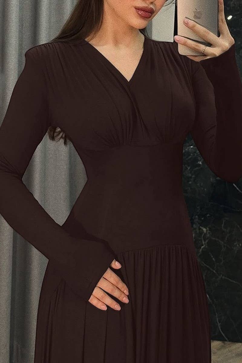 CWDMD01205_V NECK RUCHED WAIST SOLID MAXI DRESS