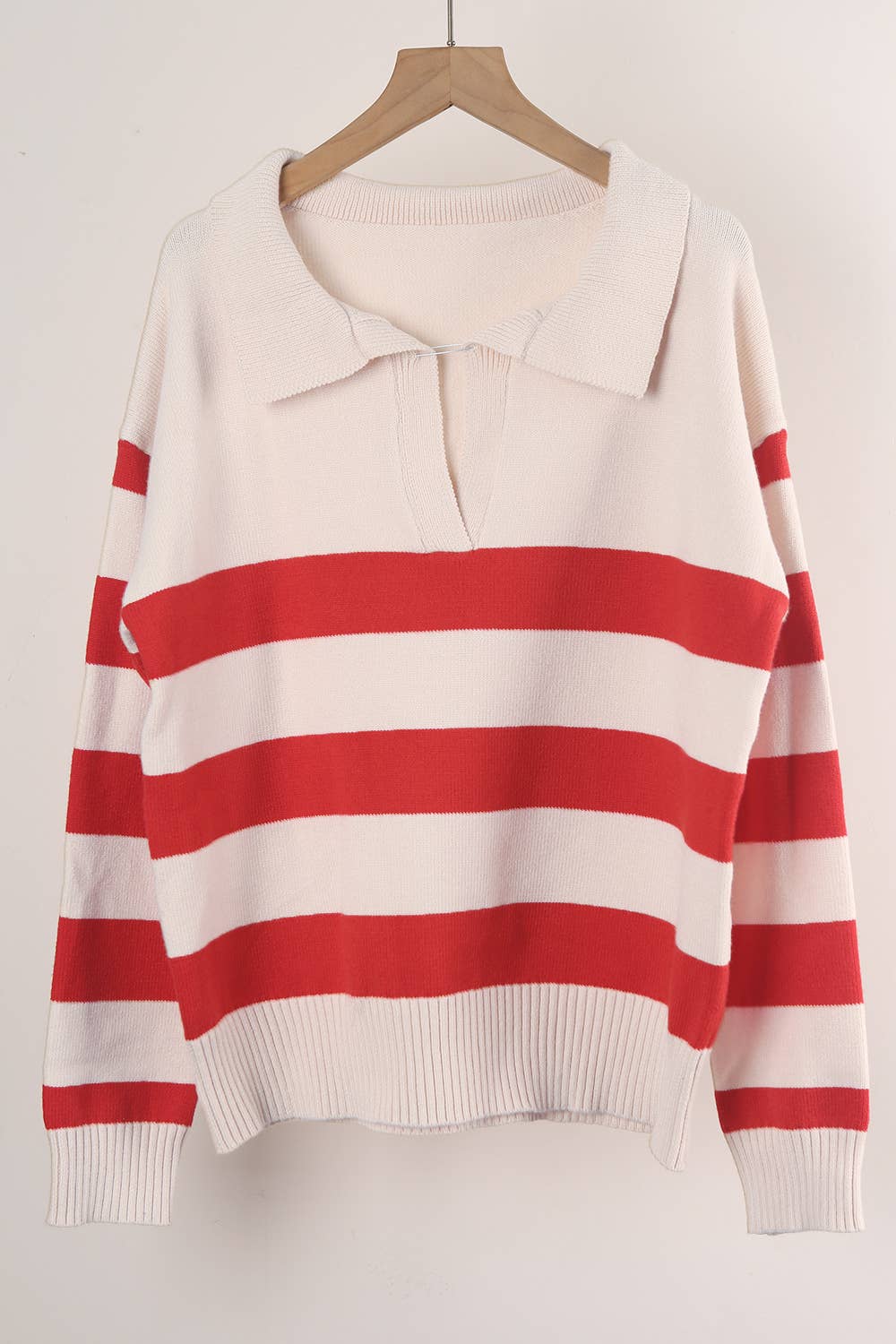 STRIPED PATCHWORK PLOL COLLAR SWEATER SWEATER