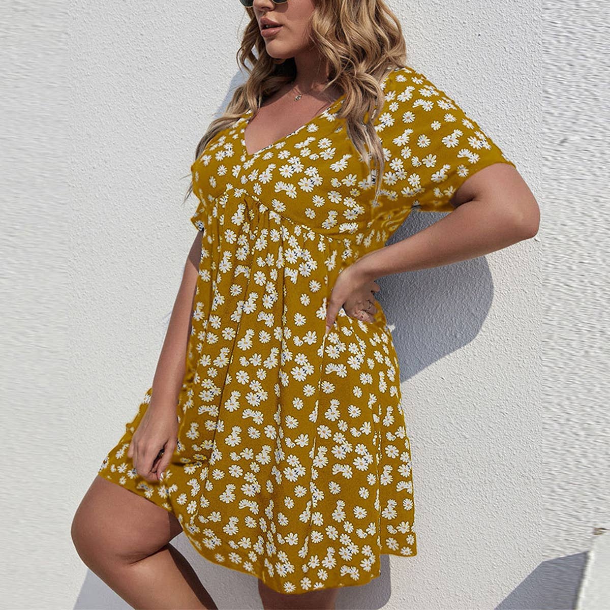 WAISTLINE HOLIDAY DAISY PRINT A LINE DRESS_CWDSD3303
