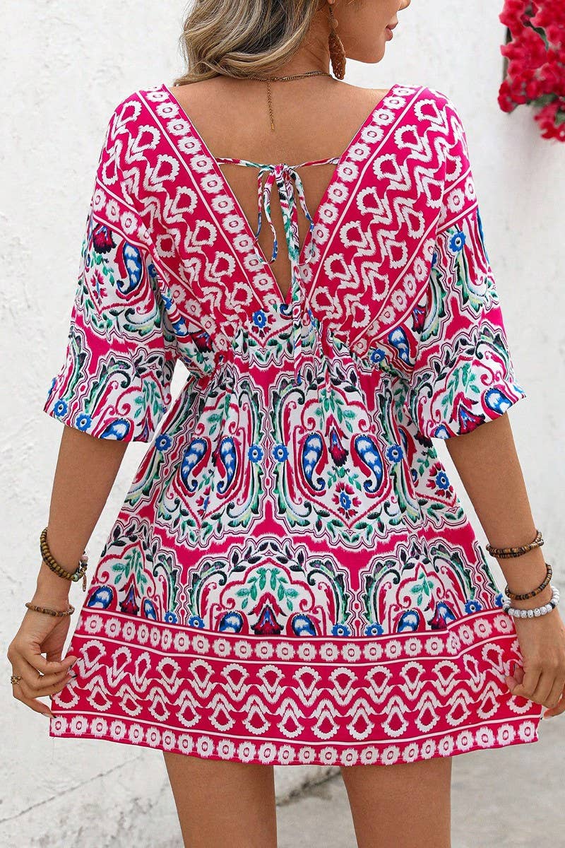 CWDSD7863_BOHEMIAN V-NECK PRINTED SHORT SLEEVE DRESS
