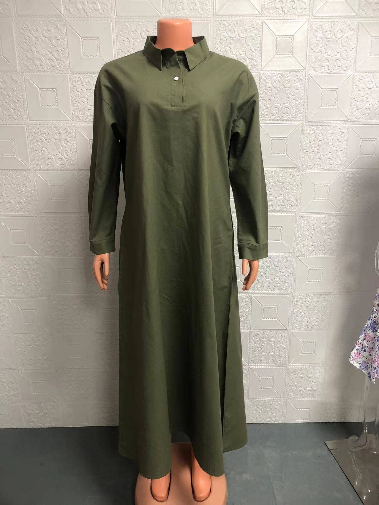 Retro long-sleeved lapel loose wide-hem dress