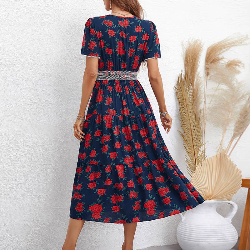 FASHION PRINT SHORT SLEEVE SLIM-FIT LONG DRESS