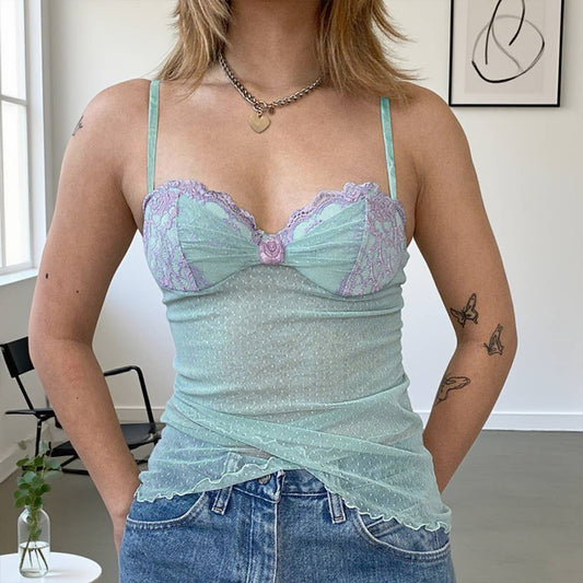 Lace mesh transparent design strappy top