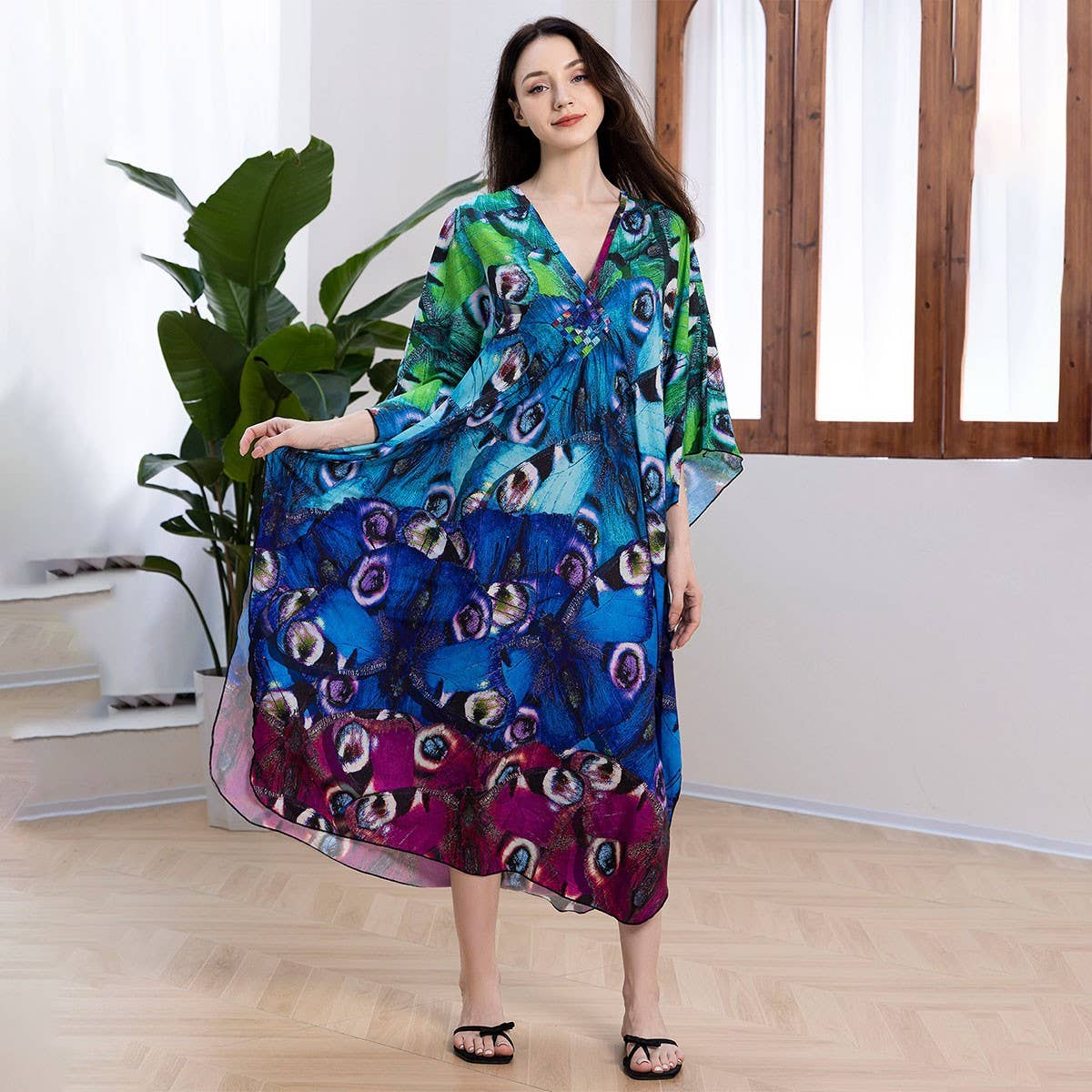 Peacock Print Beach Cover-Up Maxi Kaftan_CWMM6204
