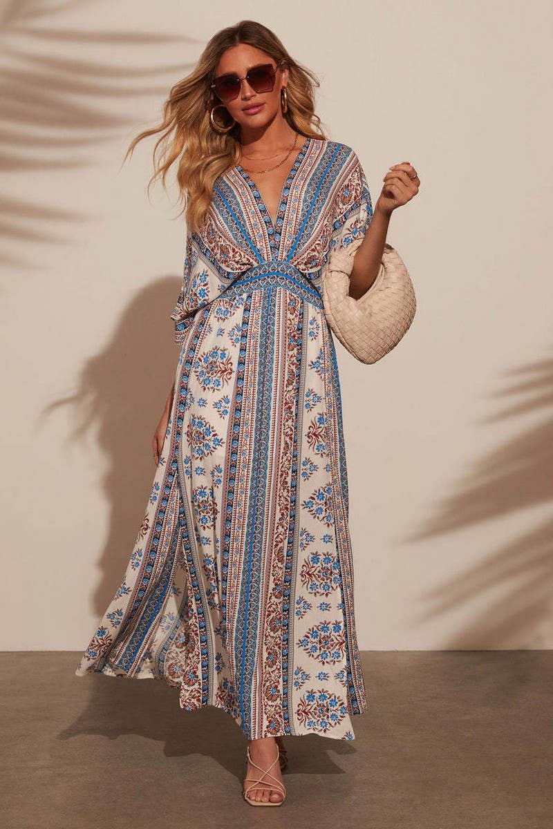 CWDMD5517_FLORAL V NECK SHORT SLEEVE MAXI DRESS