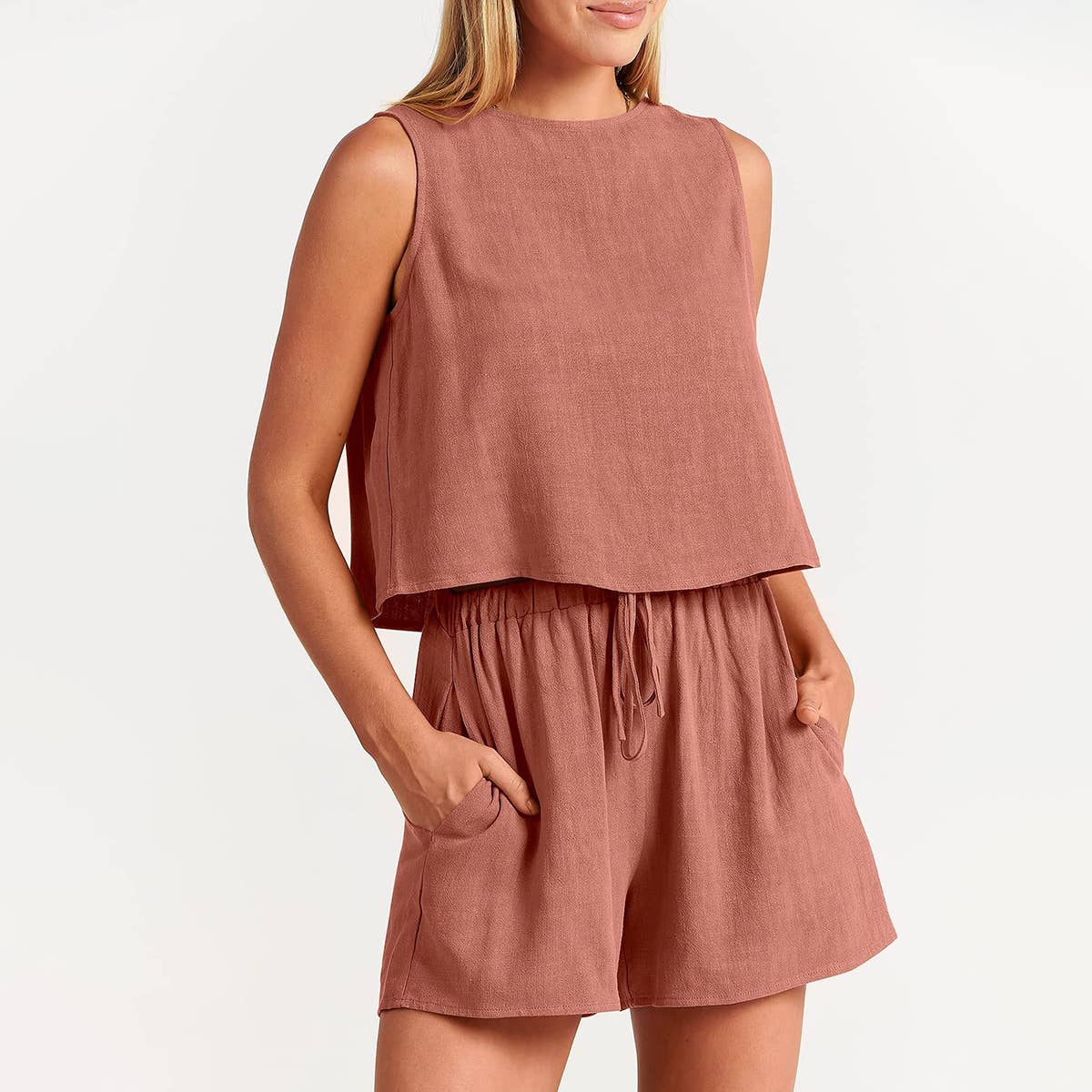 STYLISH SLEEVELESS BLOUSE SHORTS TWO PIECE SET_CWSTB0495