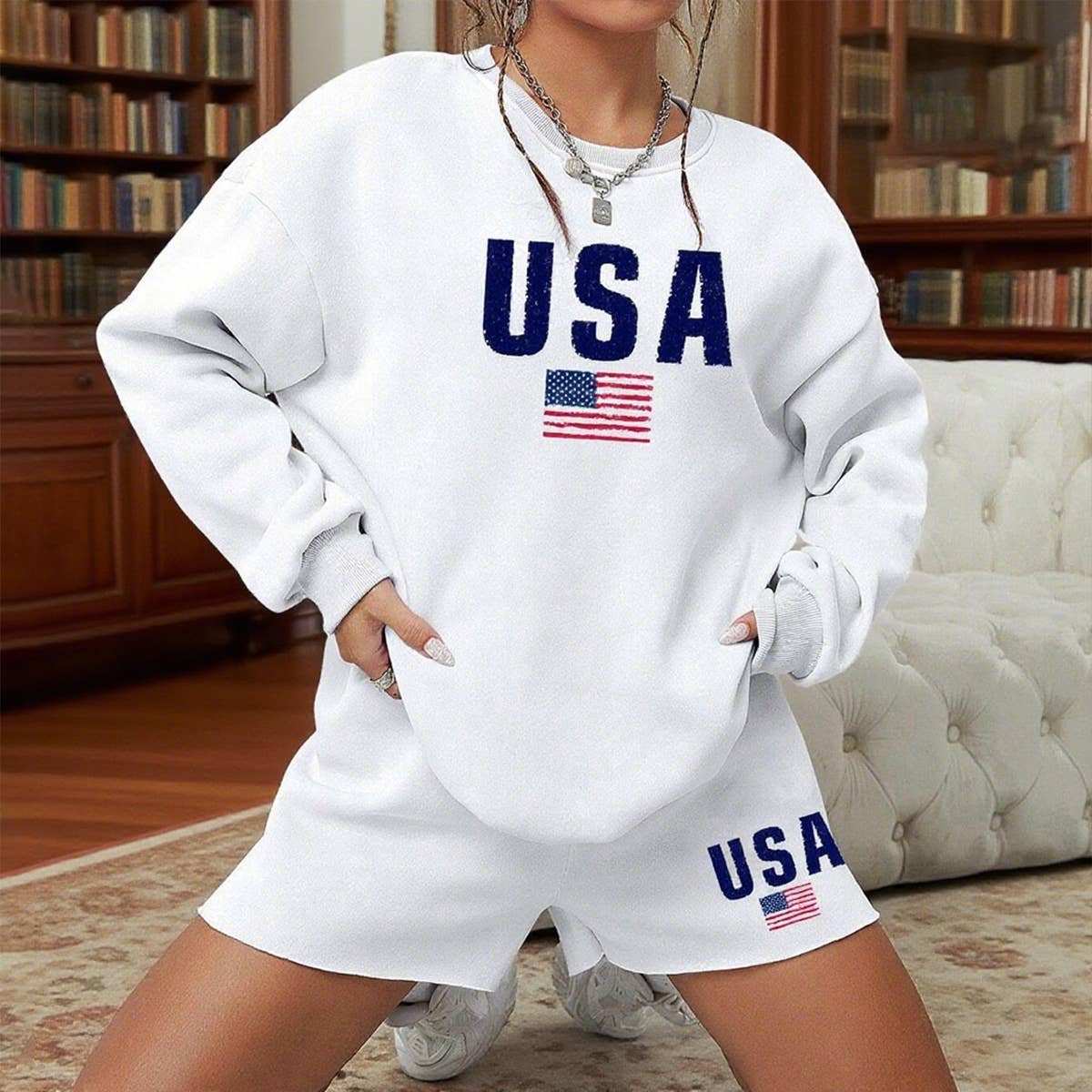 Loose suit printed long-sleeved shirts shorts