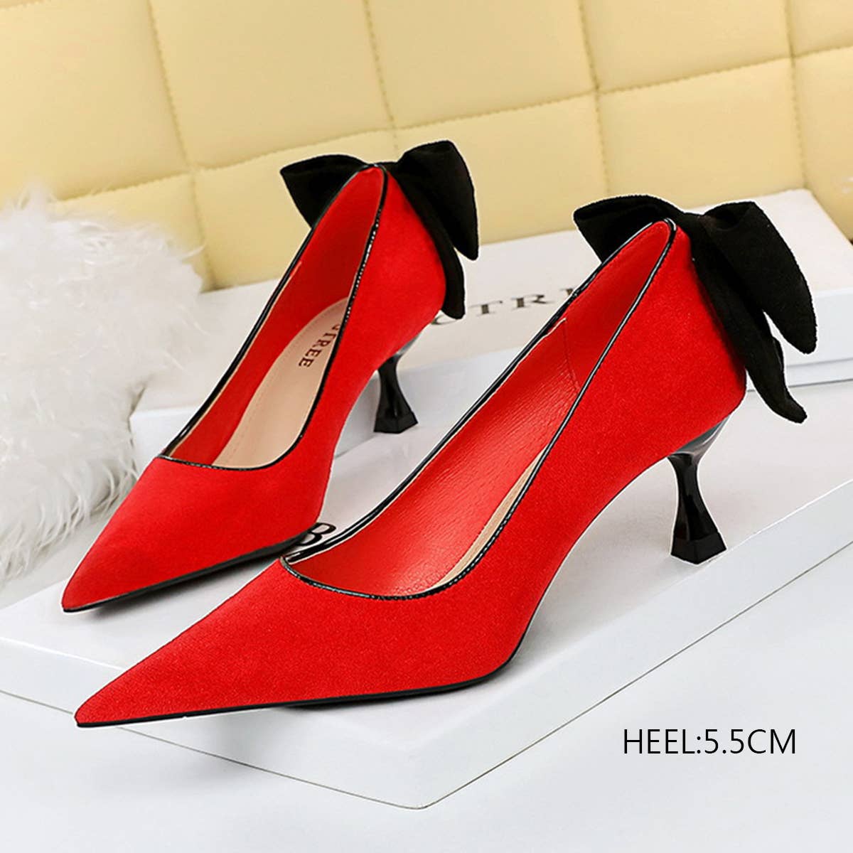 WOMEN SUEDE SHALLOW POINTED TOE BOW HIGH HEELS