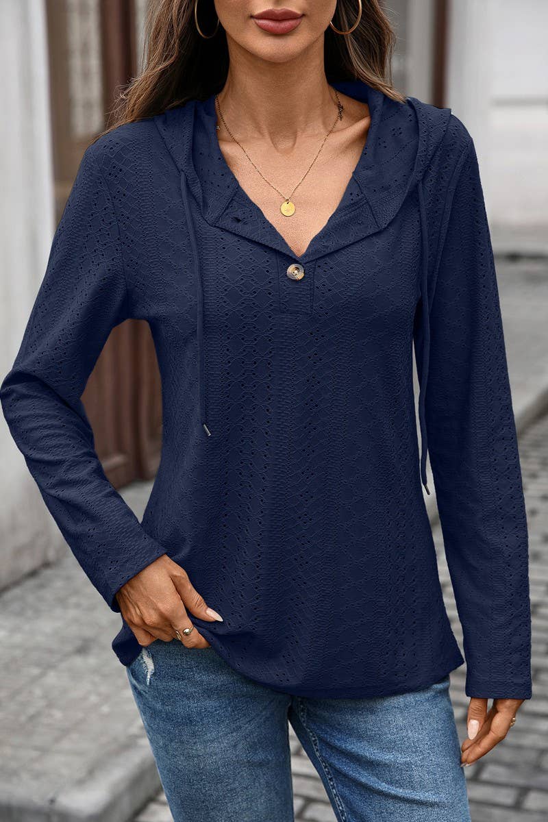 CWOHOL1119_V-NECK BUTTON DRAWSTRING PULLOVER LONG SLEEVE TEE