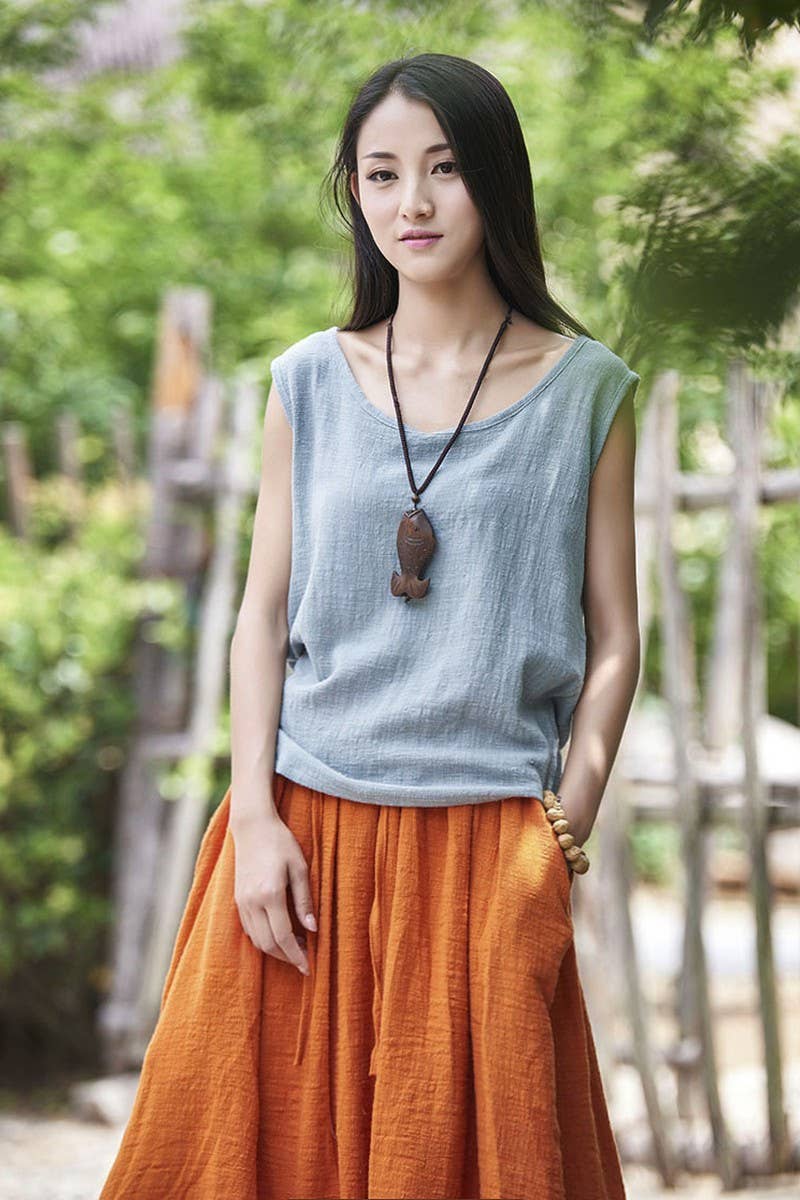 Cwtblsl0565_Loose Cotton And Linen Sleeveless Vest